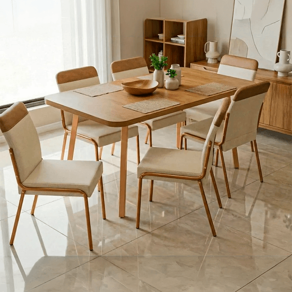 Conjunto Mesa de Jantar 76cm x 160cm 6 Cadeiras Carraro | Nogal/Rose