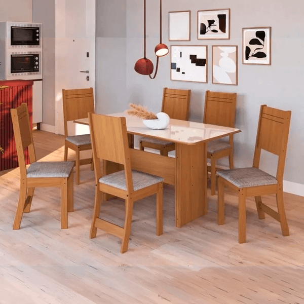 Conjunto Mesa de Jantar 77cm x 150cm 6 Cadeiras Indekes | Freijó/Off White/Linho