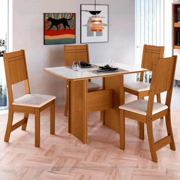 Conjunto Mesa de Jantar 77cm x 110cm 4 Cadeiras Indekes | Freijó/Off White/Linho