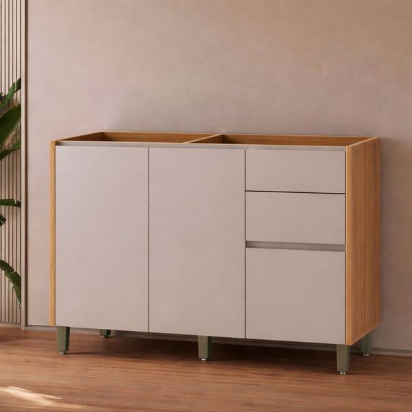 Balcão de Cozinha 120 cm 2 Portas 3 Gavetas sem Tampo Linea Brasil Allure | Jequitiba/Gris Fosco
