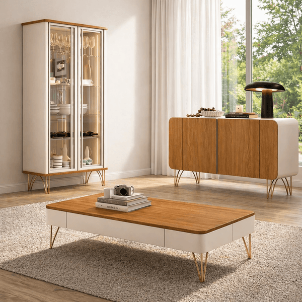 Conjunto Cristaleira Évora Aparador Buffet Benvenuto e Mesa de Centro Cadenza HB Móveis | Off White/Cinamomo