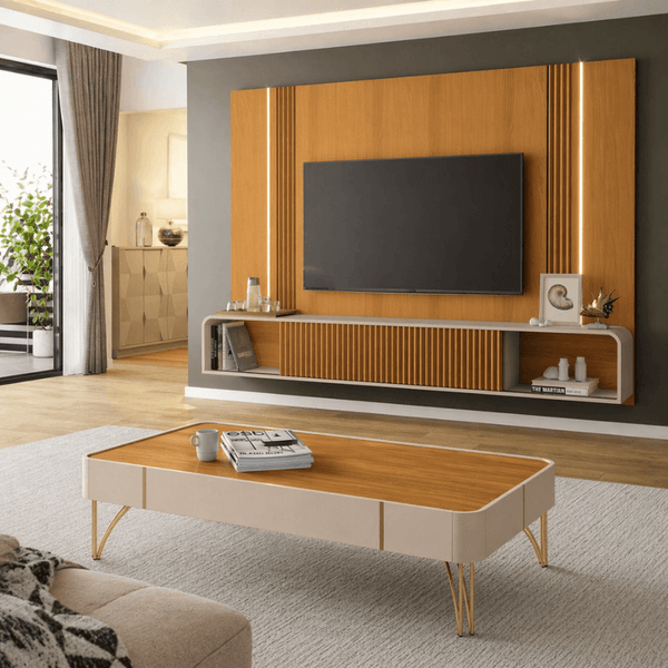 Conjunto Home Suspenso Empire para TV até 85'' com Mesa de Centro Cadenza HB Móveis | Cinamomo/Off White