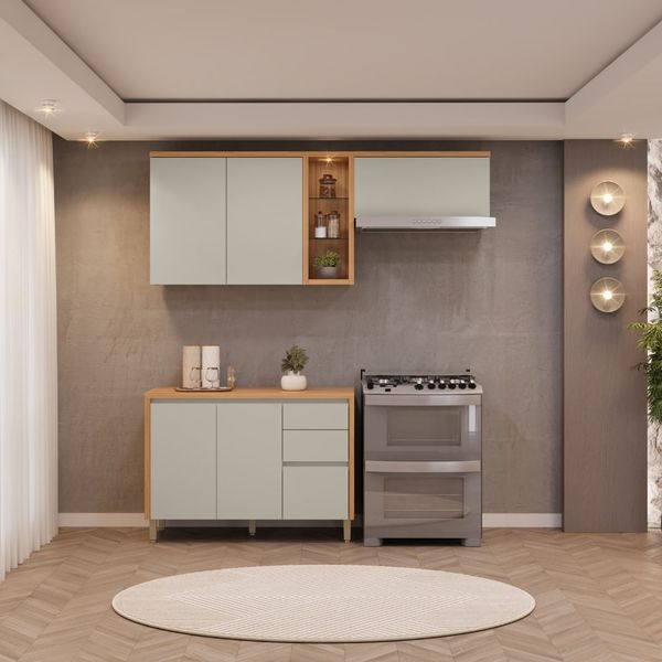 Cozinha Modulada Compacta Allure Linea Brasil 3 Peças MDF com LED Funcional A02M1 | Jequitiba/Gris Fosco
