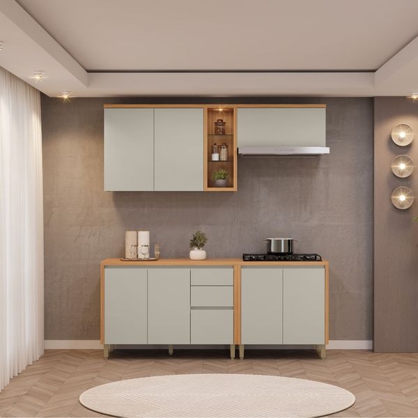 Cozinha Modulada Allure Linea Brasil 4 Peças MDF Aéreo com LED e Balcões A02M2 | Jequitiba/Gris Fosco