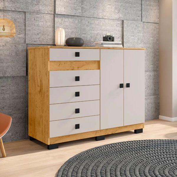 Cômoda 2 Portas 5 Gavetas Araplac | Freijo/Baunilha