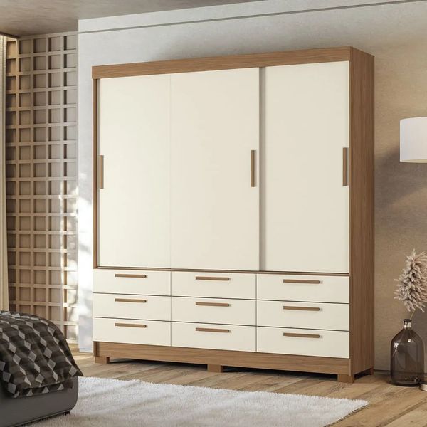 Guarda-Roupa Casal 3 Portas 9 Gavetas Estilo MM Dante | Jatoba/Areia
