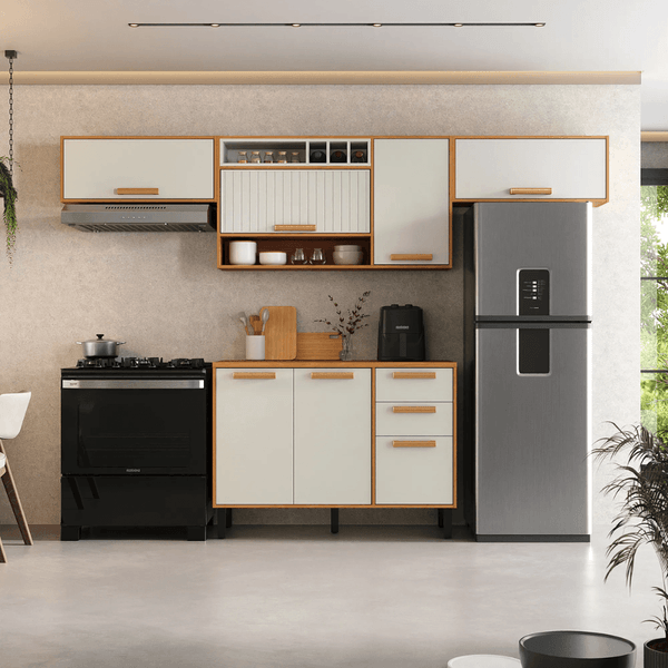 Cozinha Modulada Completa 4 Peças 7 Portas 2 Gavetas com Tampo Napoles Itatiaia | Cinamomo/Off White