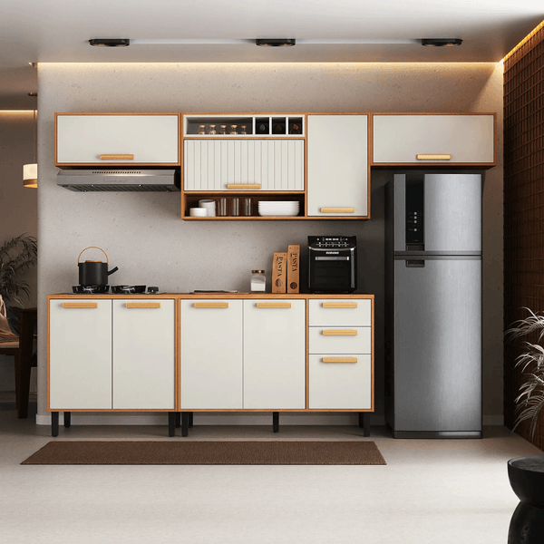 Cozinha Modulada Completa 5 Peças 9 Portas 2 Gavetas com Tampo Napoles Itatiaia | Cinamomo/Off White