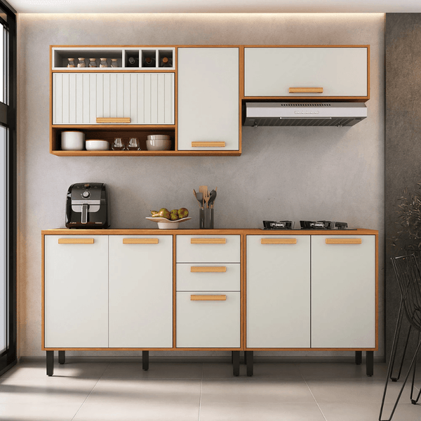 Cozinha Modulada 4 Peças 8 Portas 2 Gavetas com Tampo Itatiaia Napoles | Cinamomo/Off White