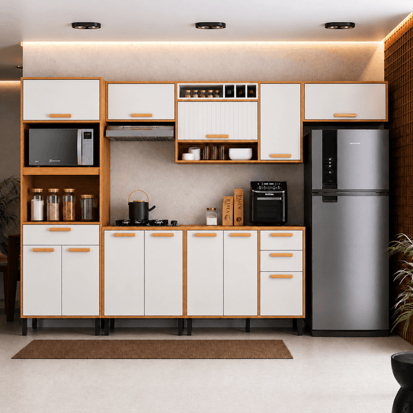 Cozinha Modulada Completa 6 Peças 12 Portas 3 Gavetas com Tampo Itatiaia Napoles | Cinamomo/Off White