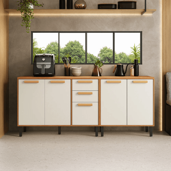 Conjunto 2 Balcões com 5 Portas 2 Gavetas com Tampo Itatiaia Napoles | Cinamomo/Off White