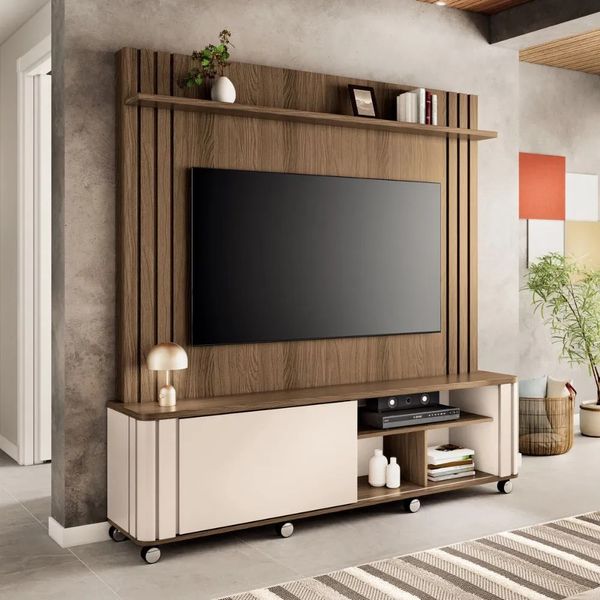 Painel para TV até 70'' Ripado 180cm HB Móveis Trinus | Castanho/Off White
