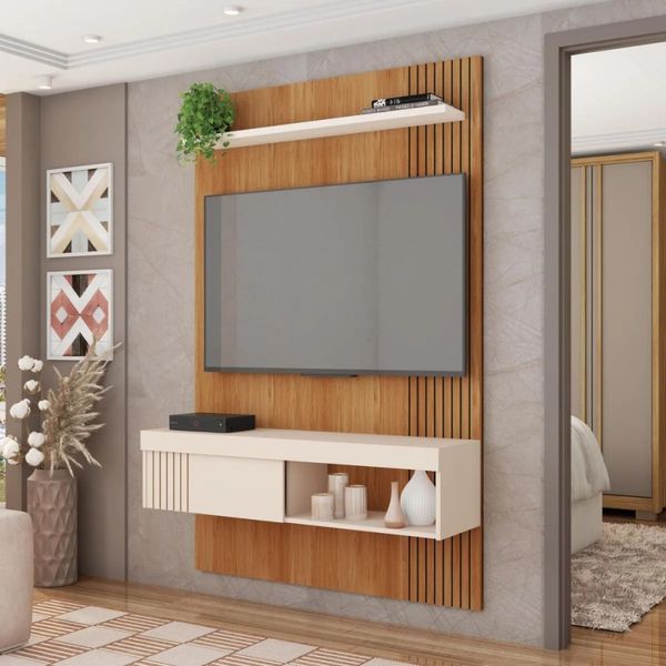 Painel para TV até 45'' Ripado 120cm Caemmun Jade | Freijo/Off White