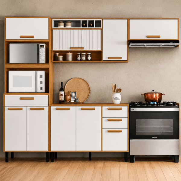 Cozinha Modulada Completa 4 Peças 9 Portas 3 Gavetas com Tampo Itatiaia Napoles | Cinamomo/Off White