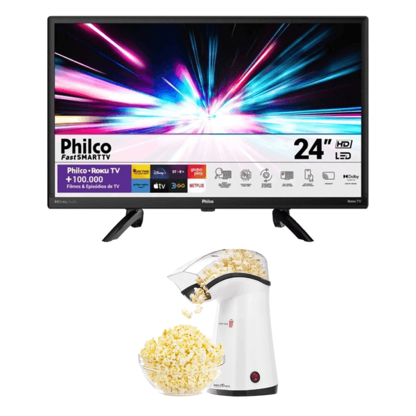 Smart TV 24" LED Philco mais Pipoqueira Elétrica Britânia 1200W | Branco/Preto (127V)