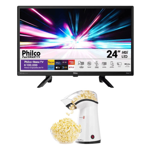 Smart TV 24" LED Philco mais Pipoqueira Elétrica Britânia 1200W | Branco/Preto (220V)