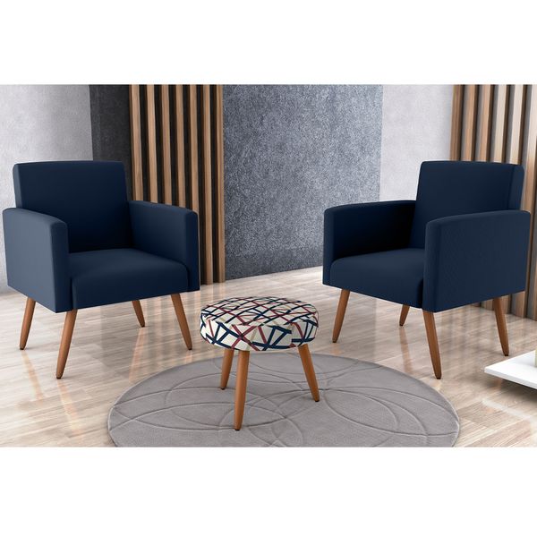 Conjunto Com 2 Poltronas e 1 Puff Dallas Matrix | Azul Estampado