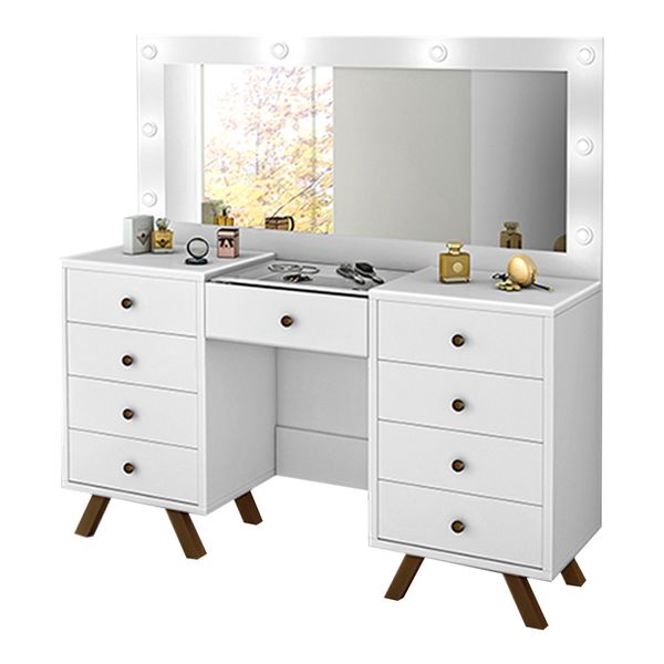 Penteadeira Decorativa 8 Gavetas Porta Joias com Tampo de Vidro Finn Branco G37 - Gran Belo