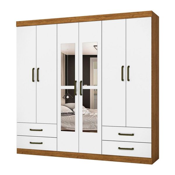 Guarda Roupa Casal Lu 6 portas 4 Gavetas Com Espelho Carioca Móveis Freijó com Branco
