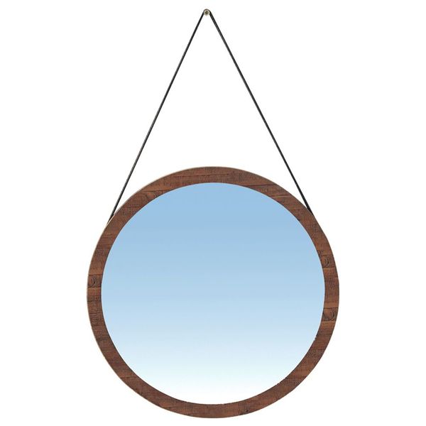 Espelho Redondo Decorativo Melk 65cm Com Tira de Couro Madeira Maciça Rustic Brown G54 - Gran Belo