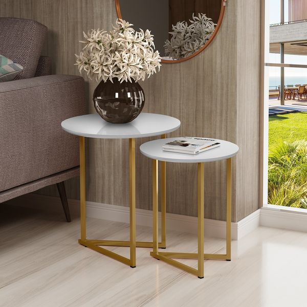 Conjunto de Mesa Lateral Jade Sala Estar Pé de Aço Dourado