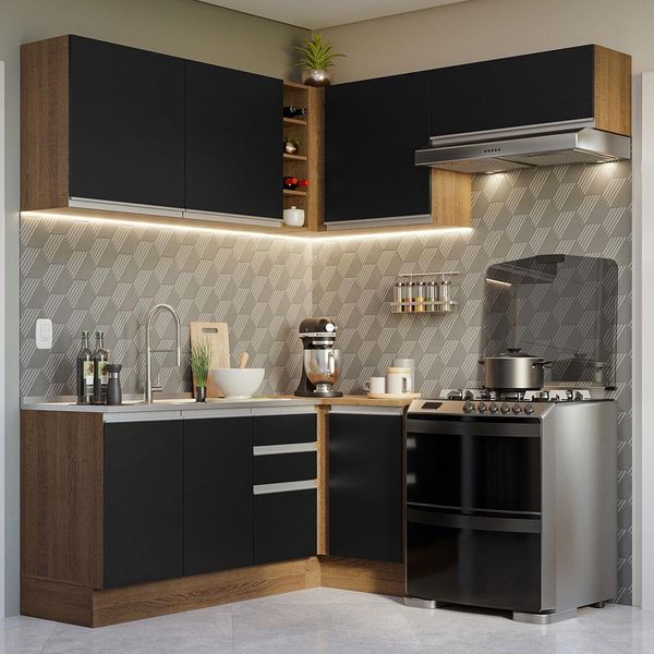 Armário de Cozinha Completa de Canto 349cm Rustic/Preto Glamy Madesa 07 Rustic/Preto