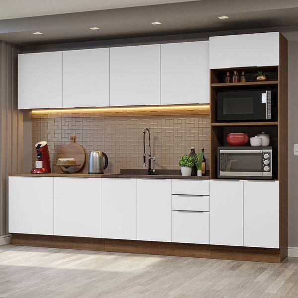 Armário de Cozinha Completa 310cm Rustic/Branco Stella Madesa 01 Rustic/Branco
