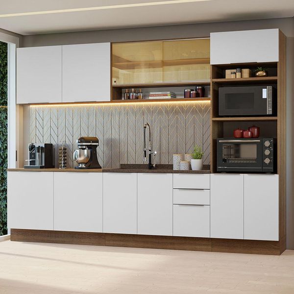 Armário de Cozinha Completa 310cm Rustic/Branco Stella Madesa 02 Rustic/Branco