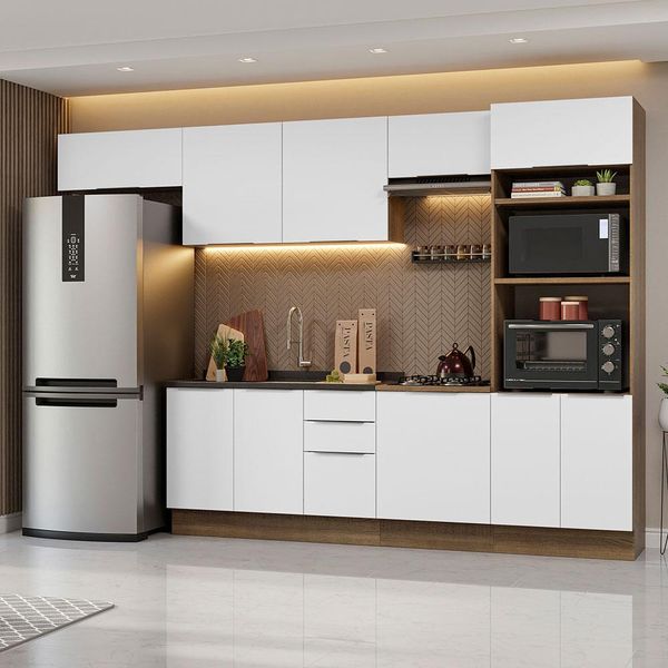 Armário de Cozinha Completa 330cm Rustic/Branco Stella Madesa 05 Rustic/Branco