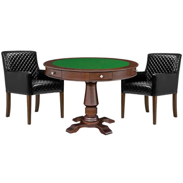 Mesa de Jogos Carteado Victoria Redonda Tampo Reversível Imbuia com Kit 2 Cadeiras Liverpool PU Preto Matelassê G36 G15 - Gran Belo