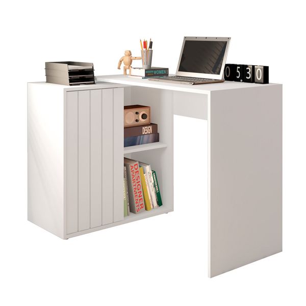 Escrivaninha para Escritório com 1 Porta Ripada Tech Caemmun Branco Fosco